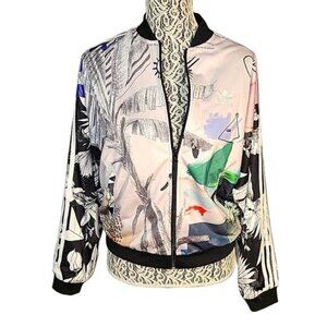 Adidas/farm rio colab Womens Floral Graphic Bomber Jacket Trefoil Logo Design Ri